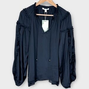NWT Chelsea & Violet Sheer Black Ruffle Trim Long Balloon Sleeve Blouse‎ Top XL